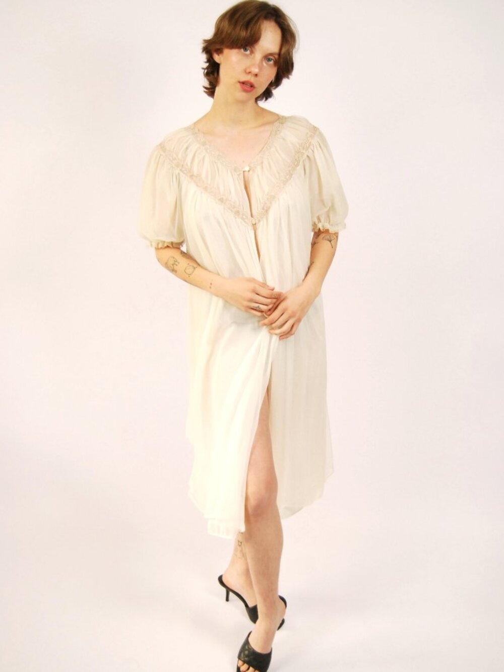 60s Sheer Peignoir (L) large beige vintage maxi nightgown house dress boudoir
